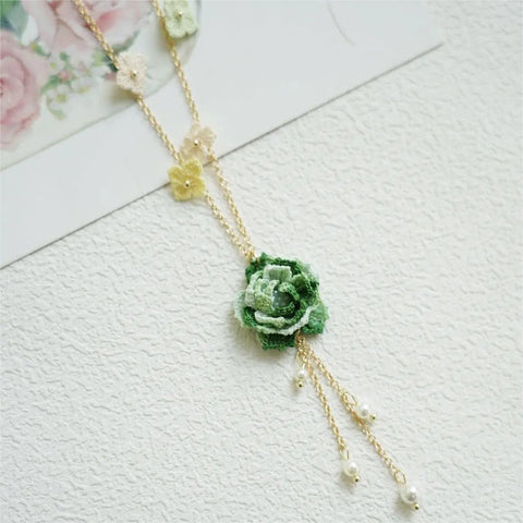 Onirr Handcraft Micro Crochet Dreamy Peony Necklace Sea Green