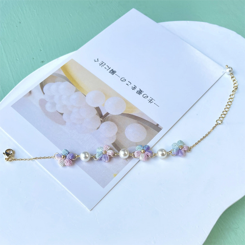 Puff Flower And Pearl Bracelet