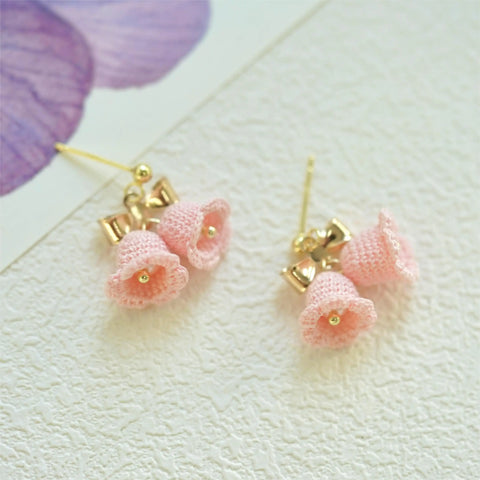 Onirr Handmade Micro Crochet Bow-Knot Campanula Earrings Pink