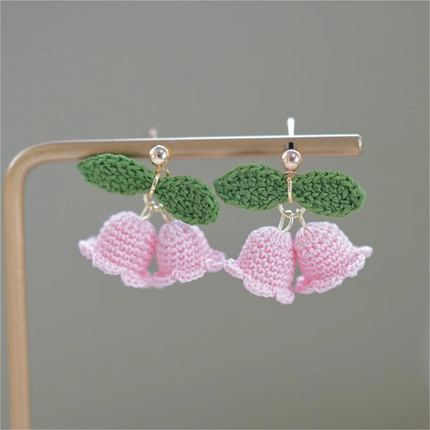 Onirr Handmade Micro Crochet Campanula With Leaf Earrings Lavender Blush
