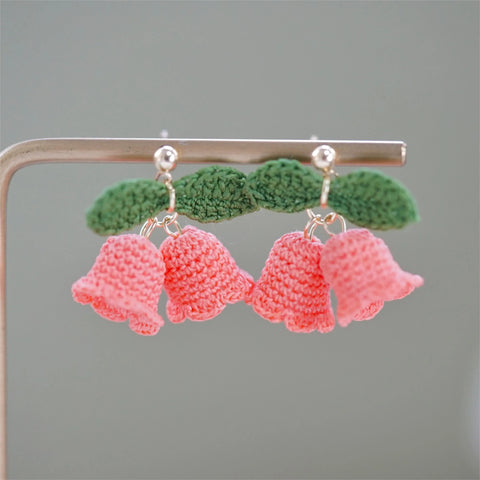 Onirr Handmade Micro Crochet Campanula With Leaf Earrings Light Coral