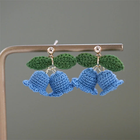 Onirr Handmade Micro Crochet Campanula With Leaf Earrings Light Sky Blue