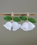 Onirr Handmade Micro Crochet Campanula With Leaf Earrings White