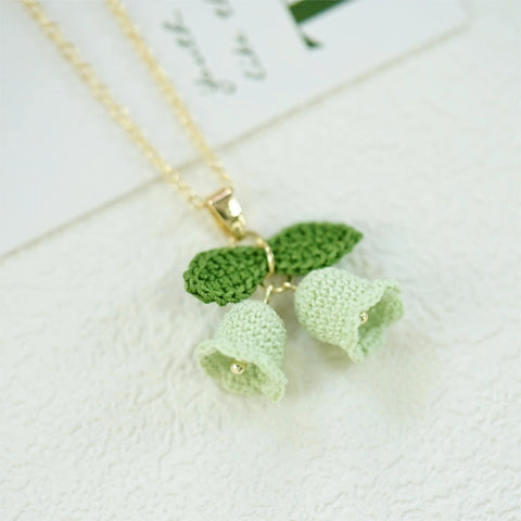 Onirr Handmade Micro Crochet Campanula With Leaf Necklace Honey Dew