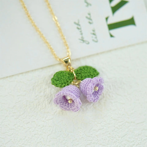 Onirr Handmade Micro Crochet Campanula With Leaf Necklace Lavender