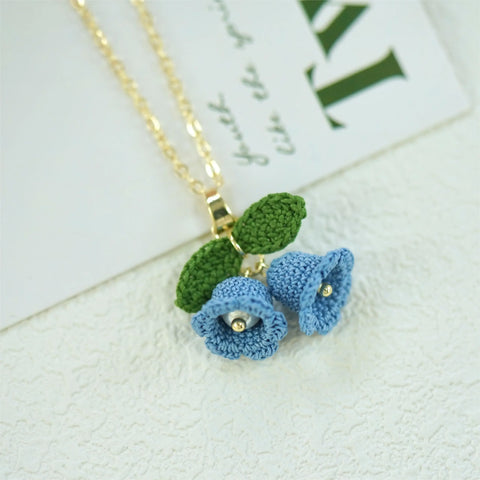 Onirr Handmade Micro Crochet Campanula With Leaf Necklace Light Sky Blue