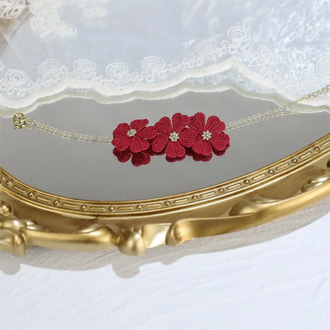 Onirr Handmade Micro Crochet Cherry Blossoms Bracelet Fire Brick