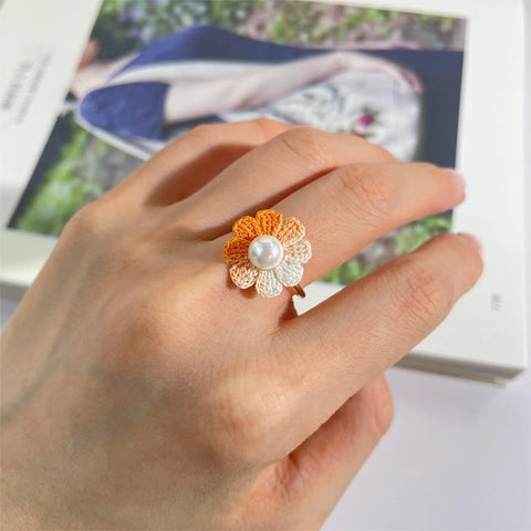 Onirr Handmade Micro Crochet Daisy Pearls Ring Dark Orange