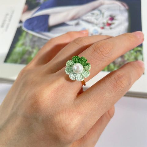 Onirr Handmade Micro Crochet Daisy Pearls Ring Forest Green