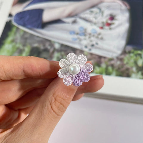 Onirr Handmade Micro Crochet Daisy Pearls Ring Lavender