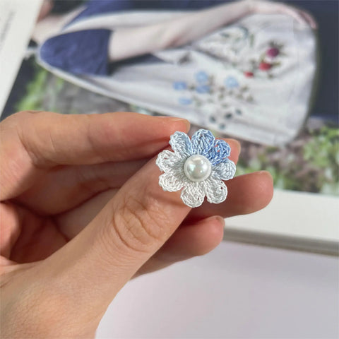 Onirr Handmade Micro Crochet Daisy Pearls Ring Light Blue