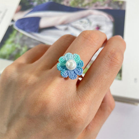 Onirr Handmade Micro Crochet Daisy Pearls Ring Light Sky Blue