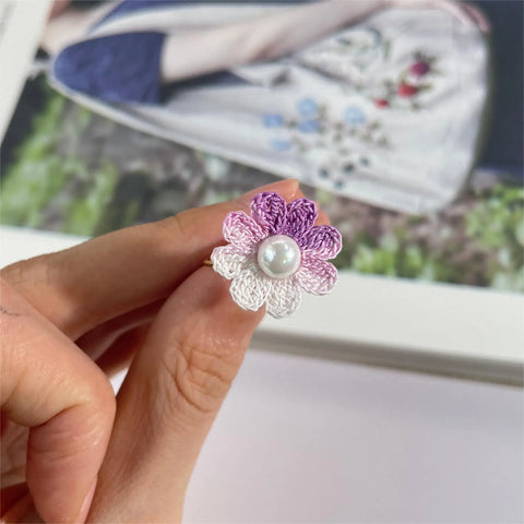 Onirr Handmade Micro Crochet Daisy Pearls Ring Orchid