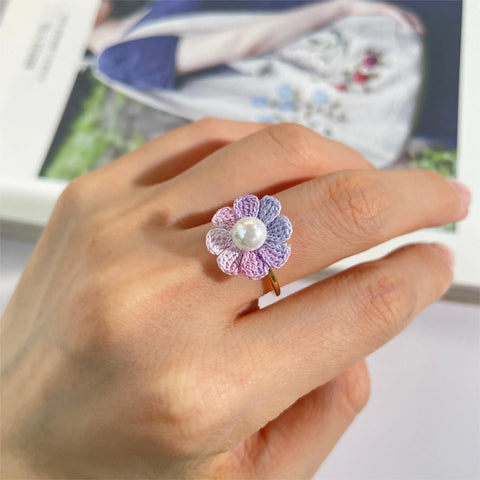 Onirr Handmade Micro Crochet Daisy Pearls Ring Plum