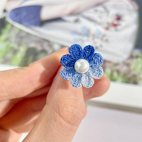 Onirr Handmade Micro Crochet Daisy Pearls Ring Royal Blue