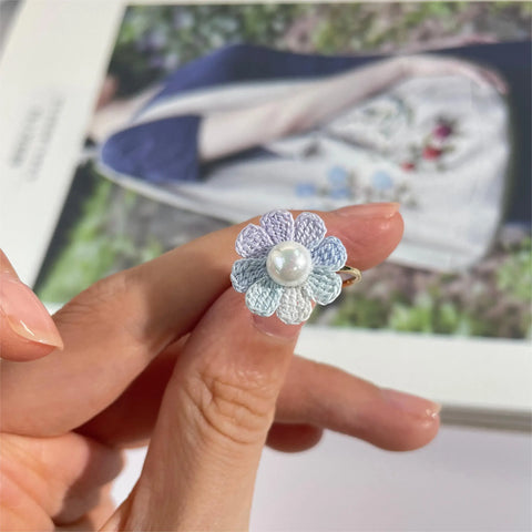 Onirr Handmade Micro Crochet Daisy Pearls Ring Thistle