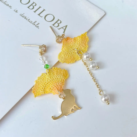 Onirr Handmade Micro Crochet Ginkgo Biloba Asymmetry Earrings