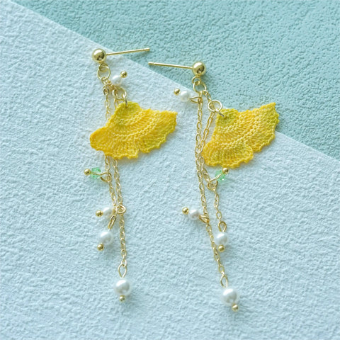 Onirr Handmade Micro Crochet Ginkgo Biloba Symmetry Earrings