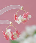 Onirr Handmade Micro Crochet Little Flower Circle Earrings Light Pink