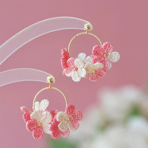 Onirr Handmade Micro Crochet Little Flower Circle Earrings Light Pink