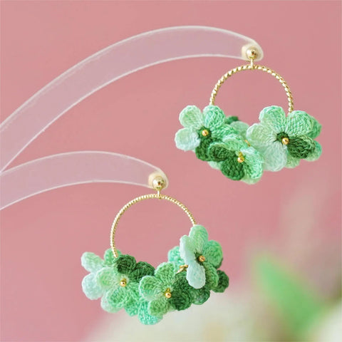 Onirr Handmade Micro Crochet Little Flower Circle Earrings Pale Green