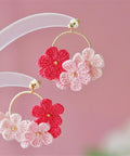 Onirr Handmade Micro Crochet Little Flower Circle Mix Earrings Crimson