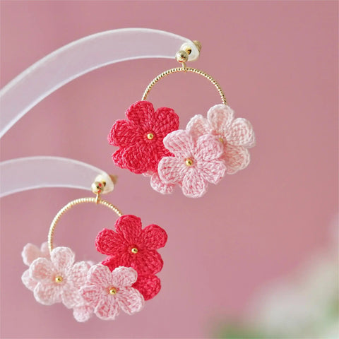 Onirr Handmade Micro Crochet Little Flower Circle Mix Earrings Crimson