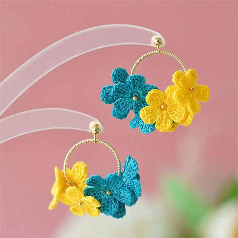 Onirr Handmade Micro Crochet Little Flower Circle Mix Earrings Dodger Blue
