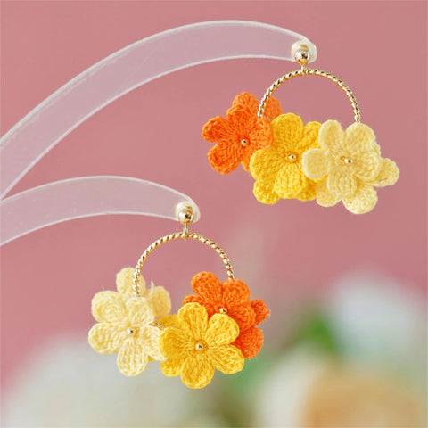 Onirr Handmade Micro Crochet Little Flower Circle Mix Earrings Gold