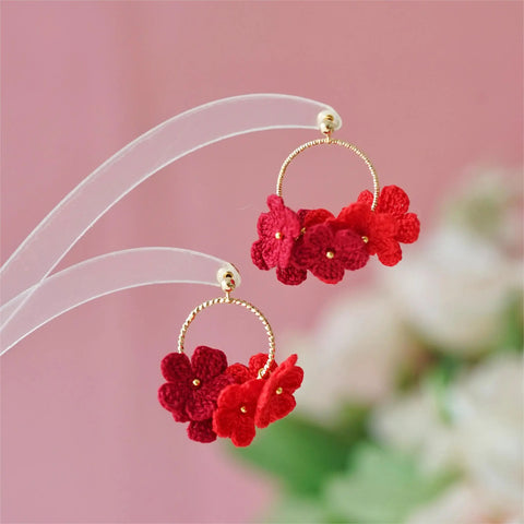 Onirr Handmade Micro Crochet Little Flower Circle Mix Earrings Red