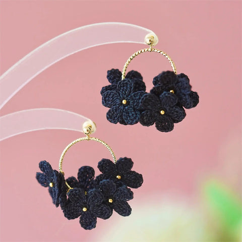 Onirr Handmade Micro Crochet Little Flower Circle Solid Earrings Black