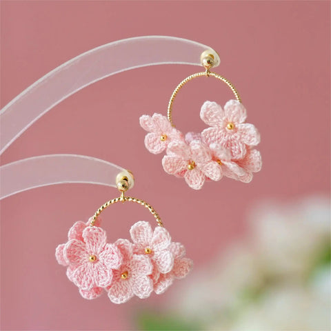 Onirr Handmade Micro Crochet Little Flower Circle Solid Earrings Pink