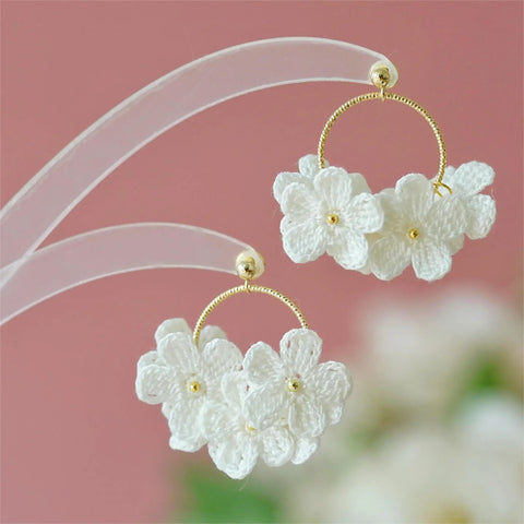 Onirr Handmade Micro Crochet Little Flower Circle Solid Earrings White
