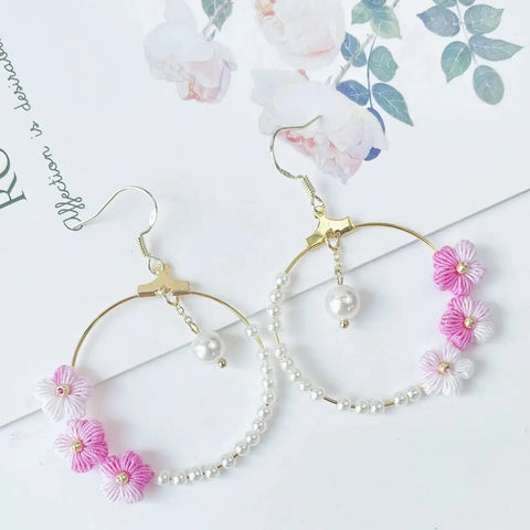 Onirr Handmade Micro Crochet Puff Flower Circle Earrings Hot Pink