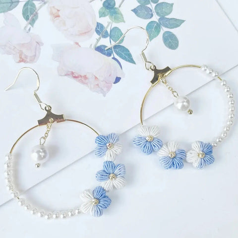 Onirr Handmade Micro Crochet Puff Flower Circle Earrings Light Sky Blue