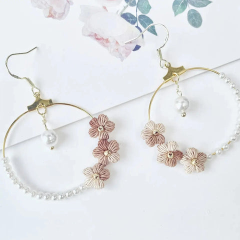 Onirr Handmade Micro Crochet Puff Flower Circle Earrings Tan