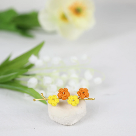 Onirr Handmade Micro Crochet Puff Flower Hairpin Yellow and Dark Orange