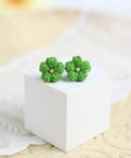 Onirr Handmade Micro Crochet Solid Puff Flower Earrings Forest Green