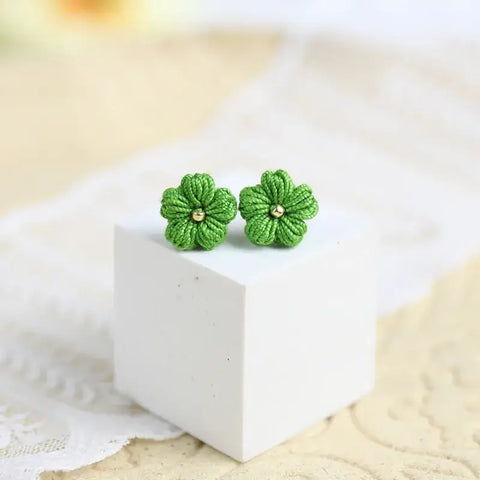 Onirr Handmade Micro Crochet Solid Puff Flower Earrings Forest Green