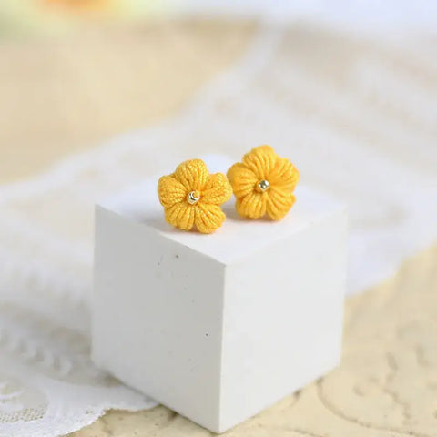 Onirr Handmade Micro Crochet Solid Puff Flower Earrings Gold