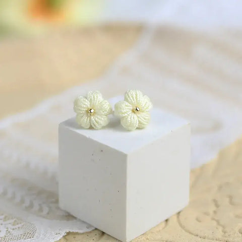 Onirr Handmade Micro Crochet Solid Puff Flower Earrings Light Ivory