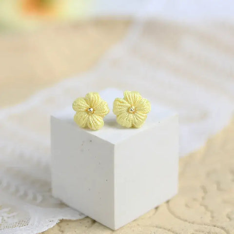 Onirr Handmade Micro Crochet Solid Puff Flower Earrings Light Yellow