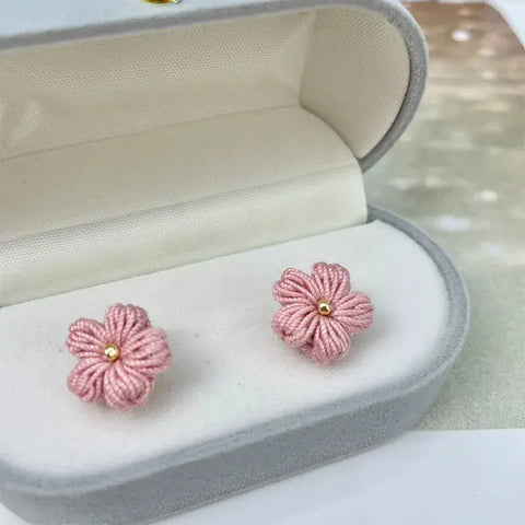 Onirr Handmade Micro Crochet Solid Puff Flower Earrings Light pink
