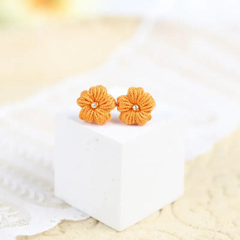 Onirr Handmade Micro Crochet Solid Puff Flower Earrings Orange