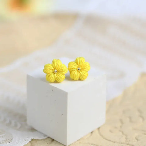 Onirr Handmade Micro Crochet Solid Puff Flower Earrings Yellow