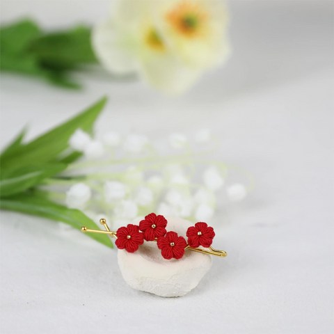Onirr Handmade Micro Crochet Solid Puff Flower Hairpin Fire Brick