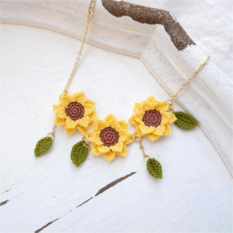 Onirr Handmade Micro Crochet Sunflower Necklace Gold