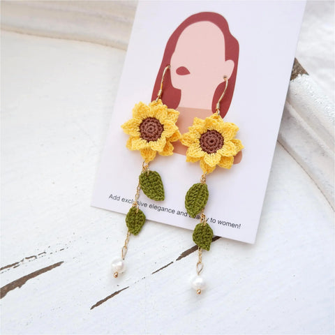 Onirr Handmade Micro Crochet Sunflower Pearl Earrings Gold