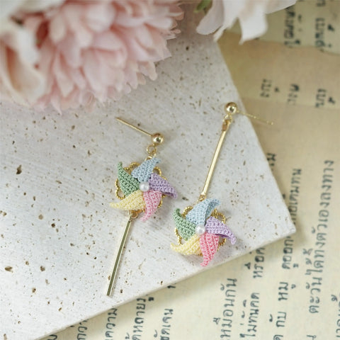 Onirr Handmade Micro Crochet Windmill Rotatable Earrings Macaron