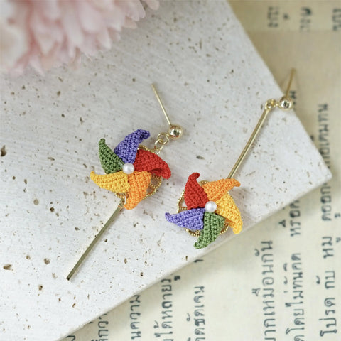 Onirr Handmade Micro Crochet Windmill Rotatable Earrings Rainbow